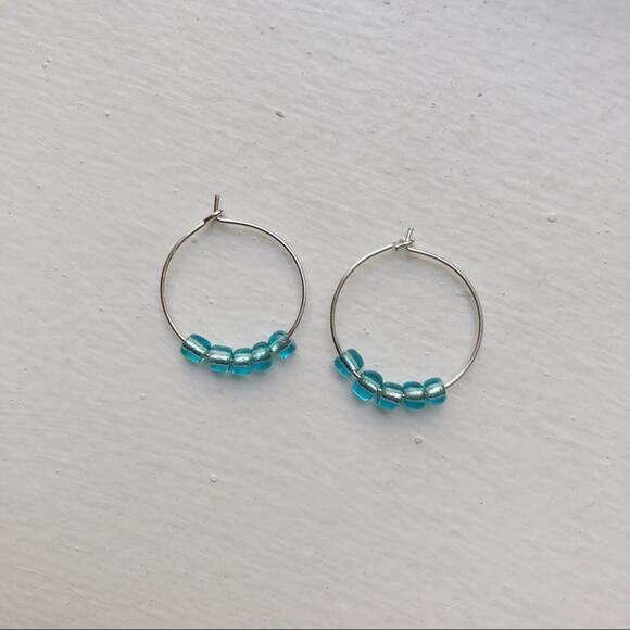 Handmade Jewelry - Light blue handmade beaded silver hoop earrings 20mm